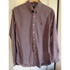 Polo Ralph Lauren Shirt Mens Classic Fit Medium Gingham Maroon White Long Sleeve